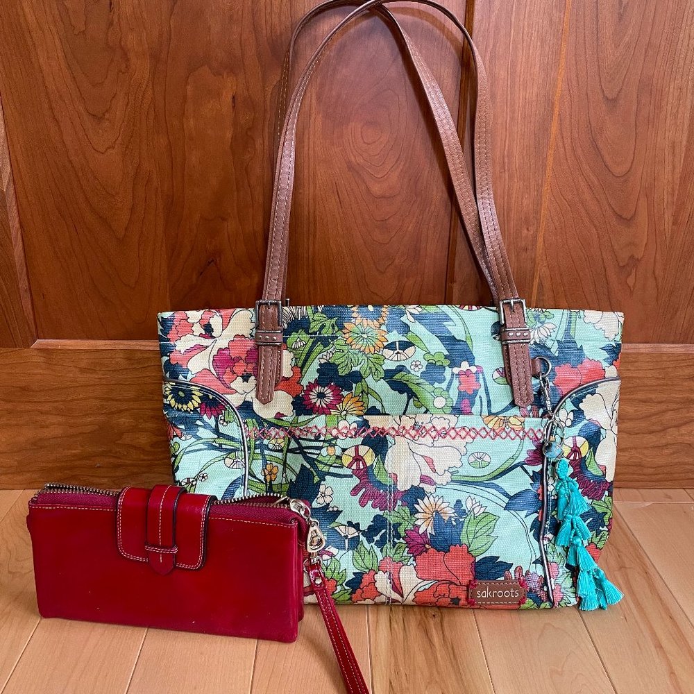 The Sak-Sakroots Floral Metro Tote and Multi-partitioned Red Leather Wallet